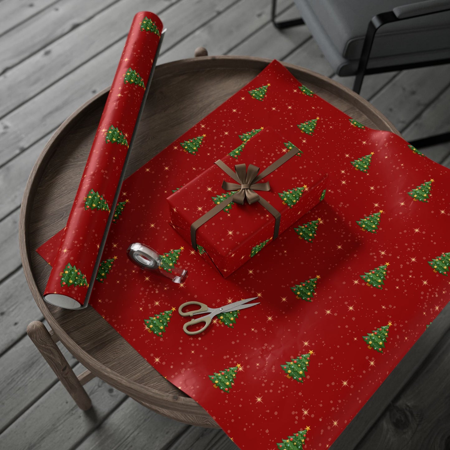 Red Holiday Gift Wrap with Sparkling Trees