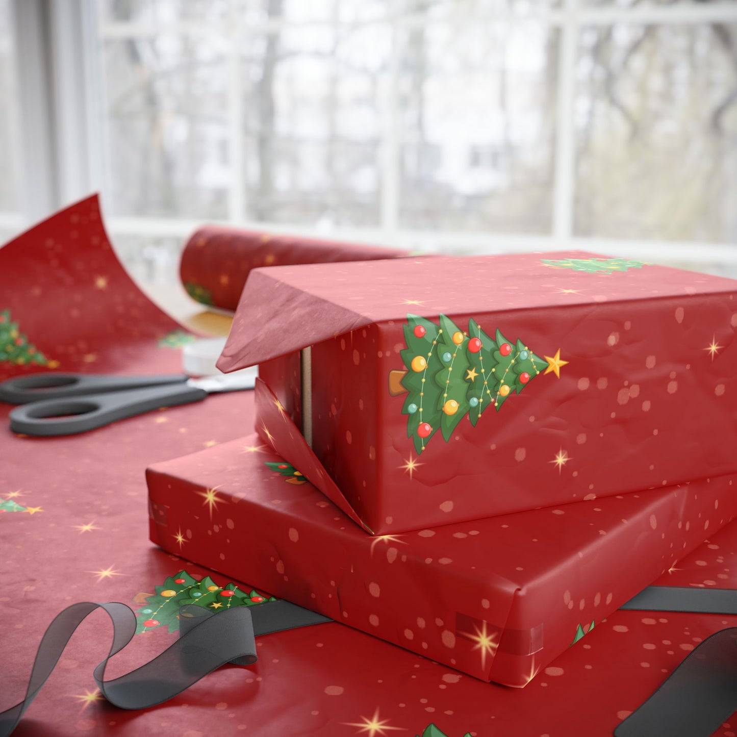 Red Holiday Gift Wrap with Sparkling Trees