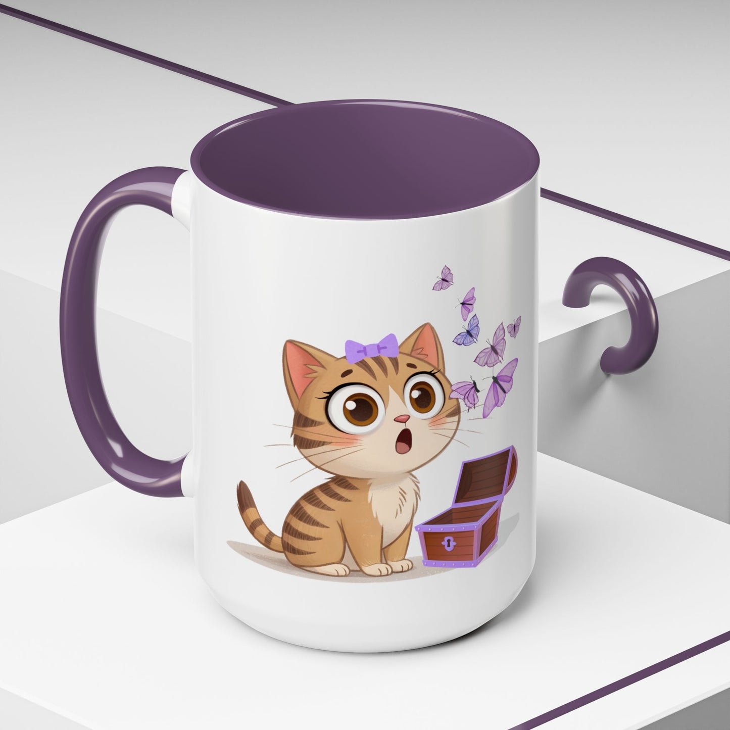 Cute Tabby Cat & Butterflies Accent Coffee Mug (11/15oz)