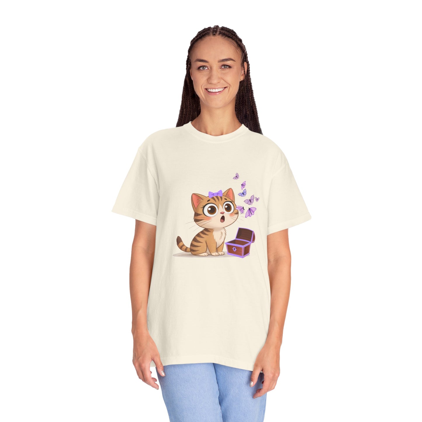 Cute Curious Kitten T‑Shirt — Kitty with Butterflies Design