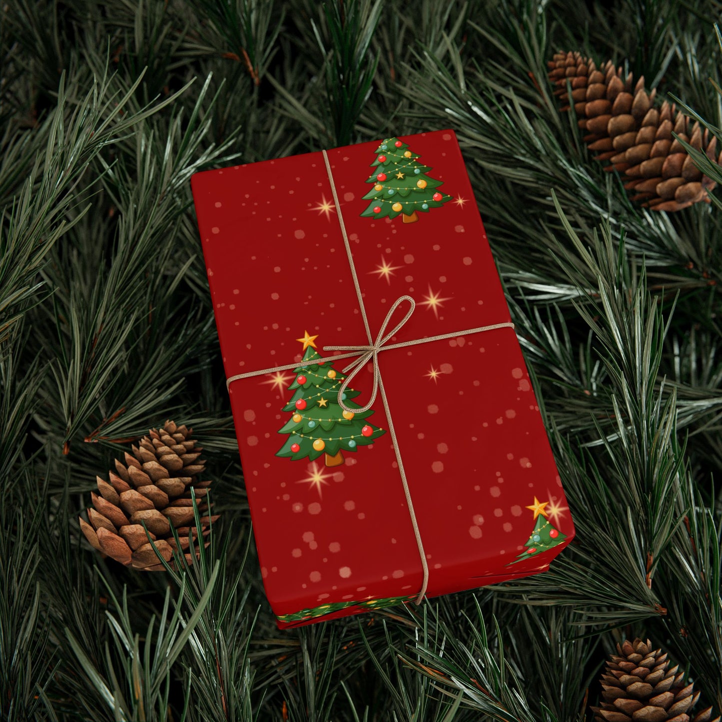 Red Holiday Gift Wrap with Sparkling Trees