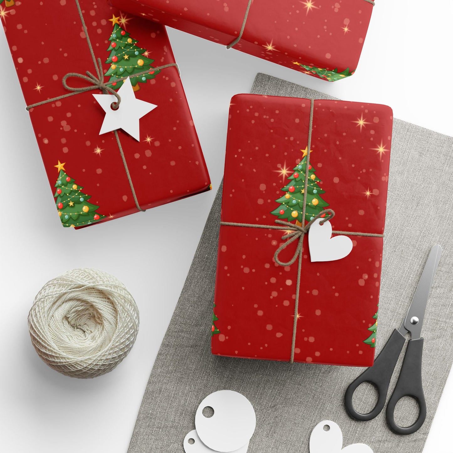 Red Holiday Gift Wrap with Sparkling Trees